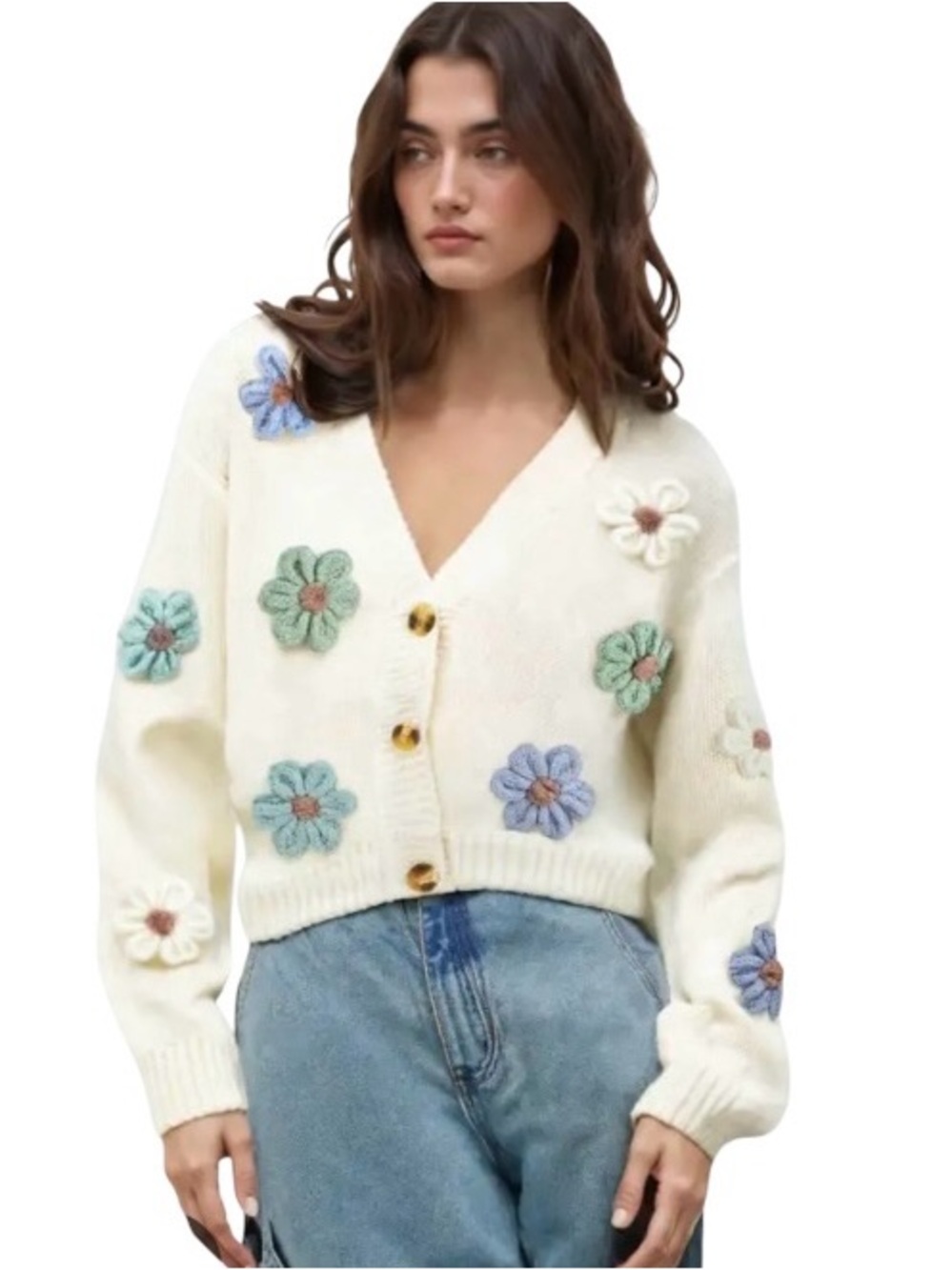 Cider Cream 3D Crochet Flower Cardigan Knit V-Neck Sweater White Pastel Large